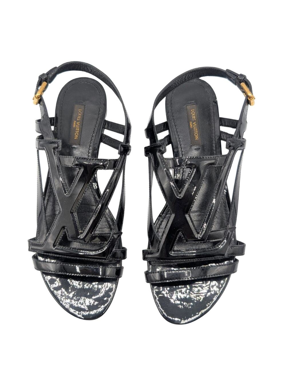 Louis Vuitton 2013 Black Patent LV Logo Crossing Sandals SIze 37